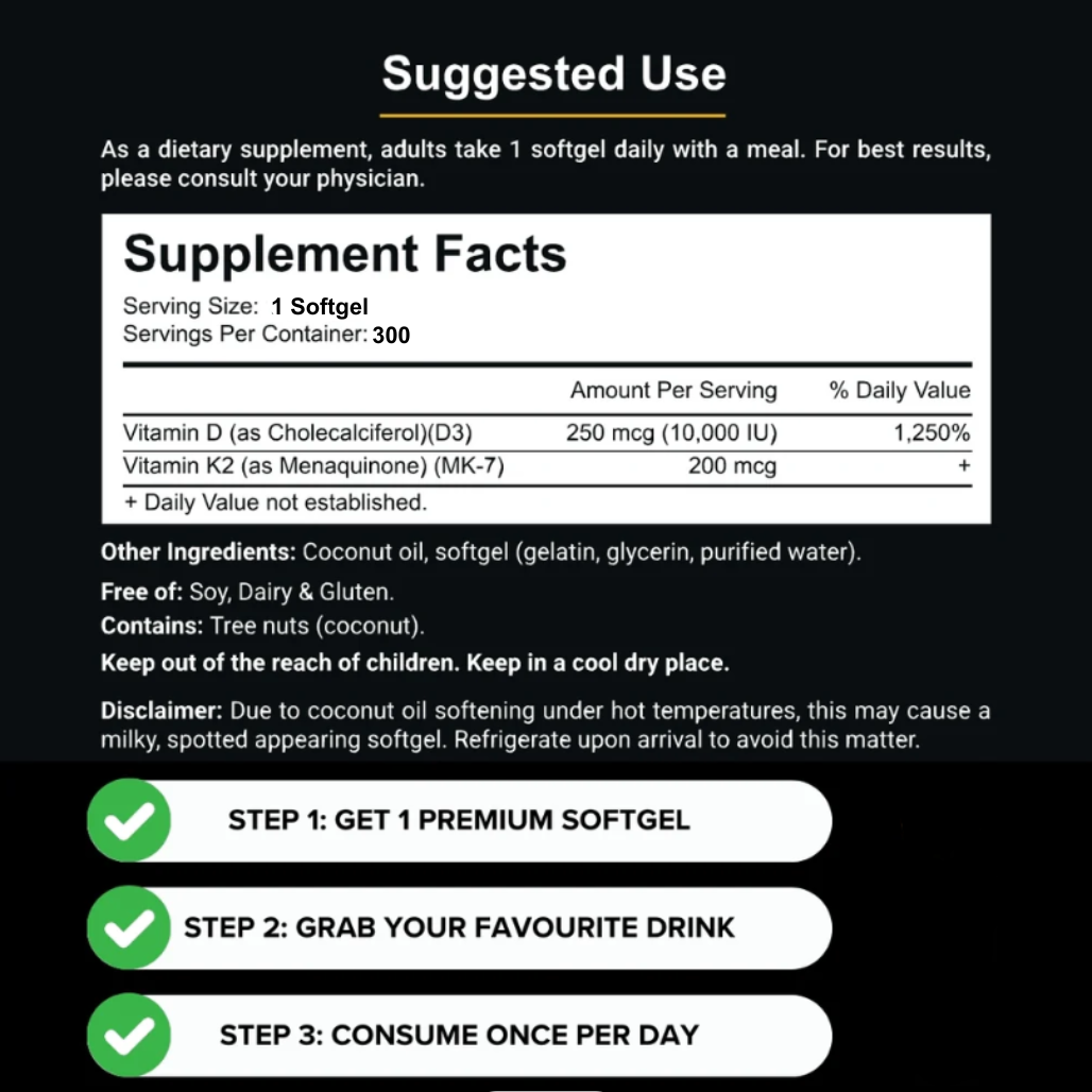 High Potency Vitamin D3 and K2 Coconut Flavored softgel Capsules
